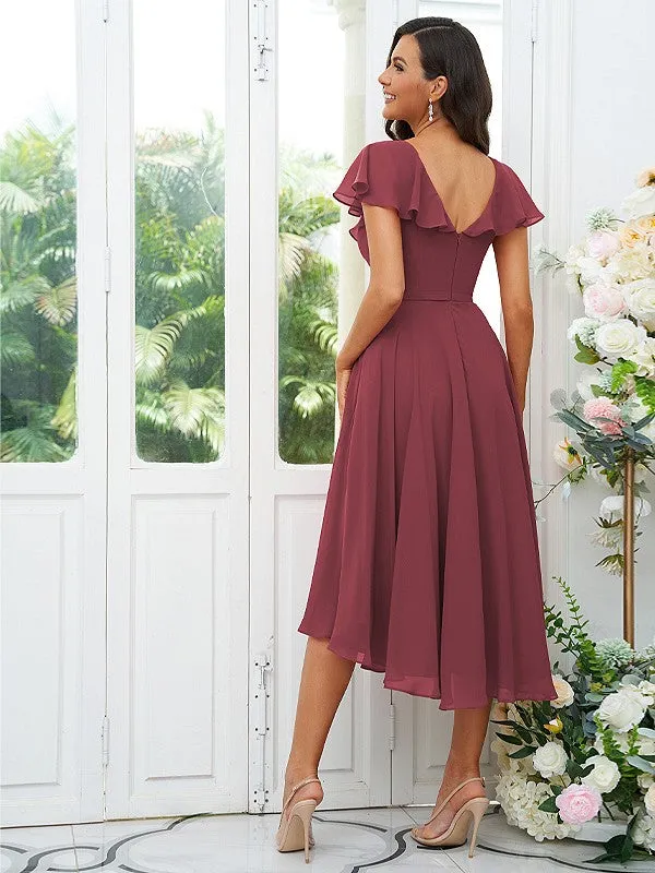 A-Line/Princess Chiffon Ruffles V-neck Short Sleeves Asymmetrical Bridesmaid Dresses