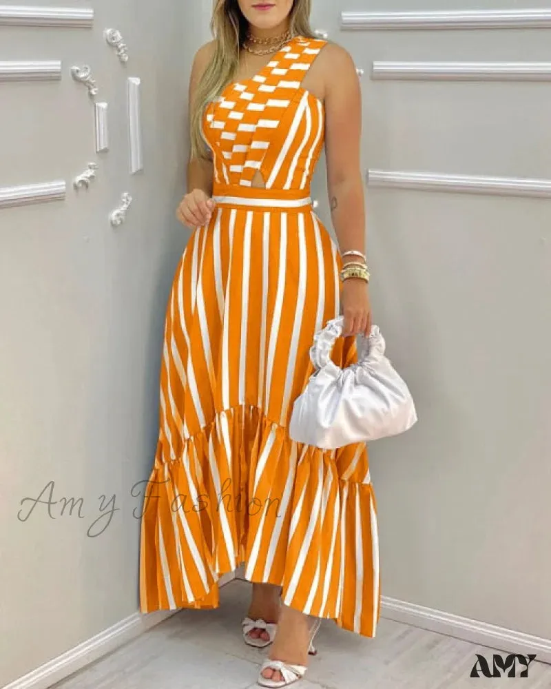 Amy Fashion - Elegant One Shoulder Striped Colorblock Dresses