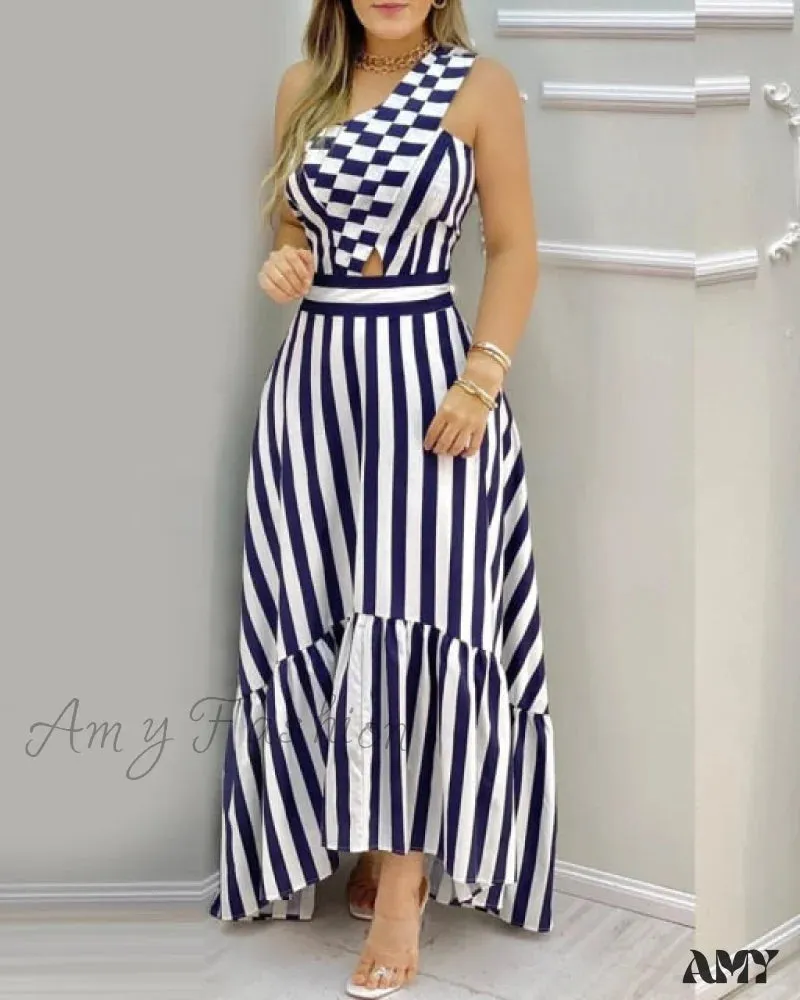 Amy Fashion - Elegant One Shoulder Striped Colorblock Dresses