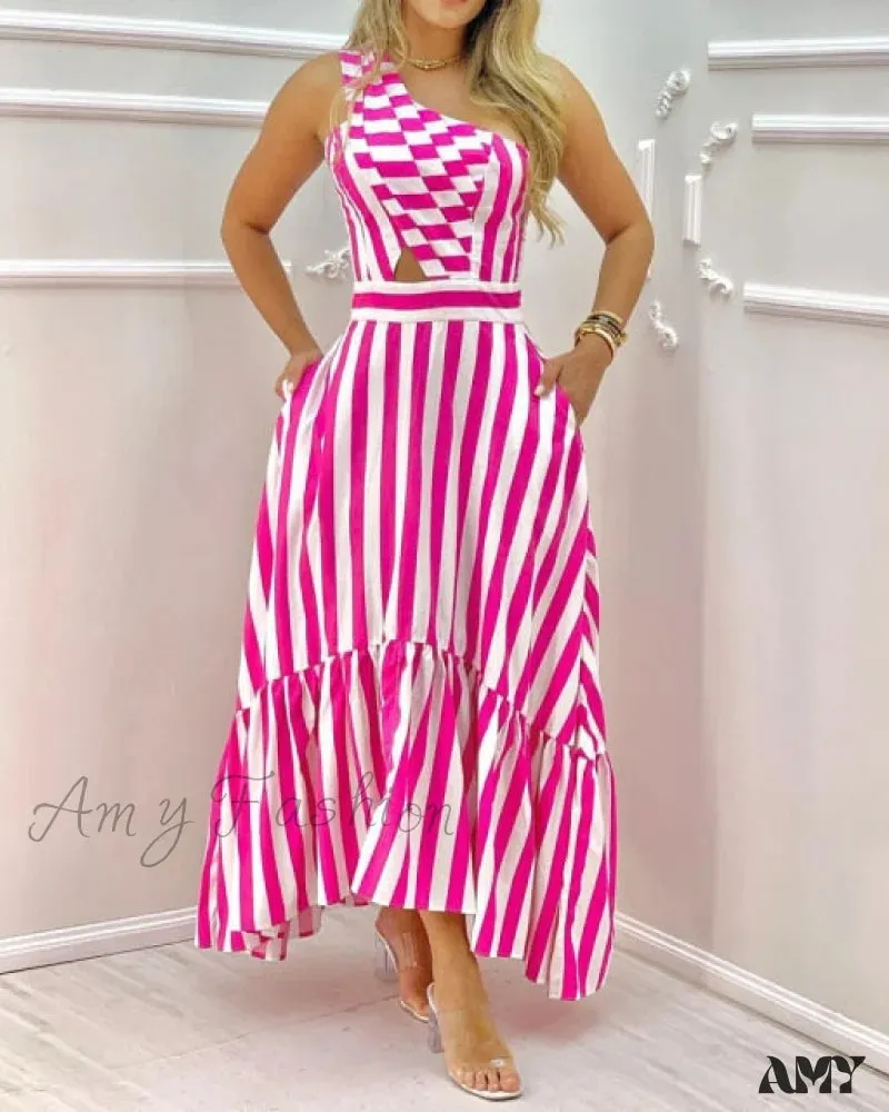 Amy Fashion - Elegant One Shoulder Striped Colorblock Dresses