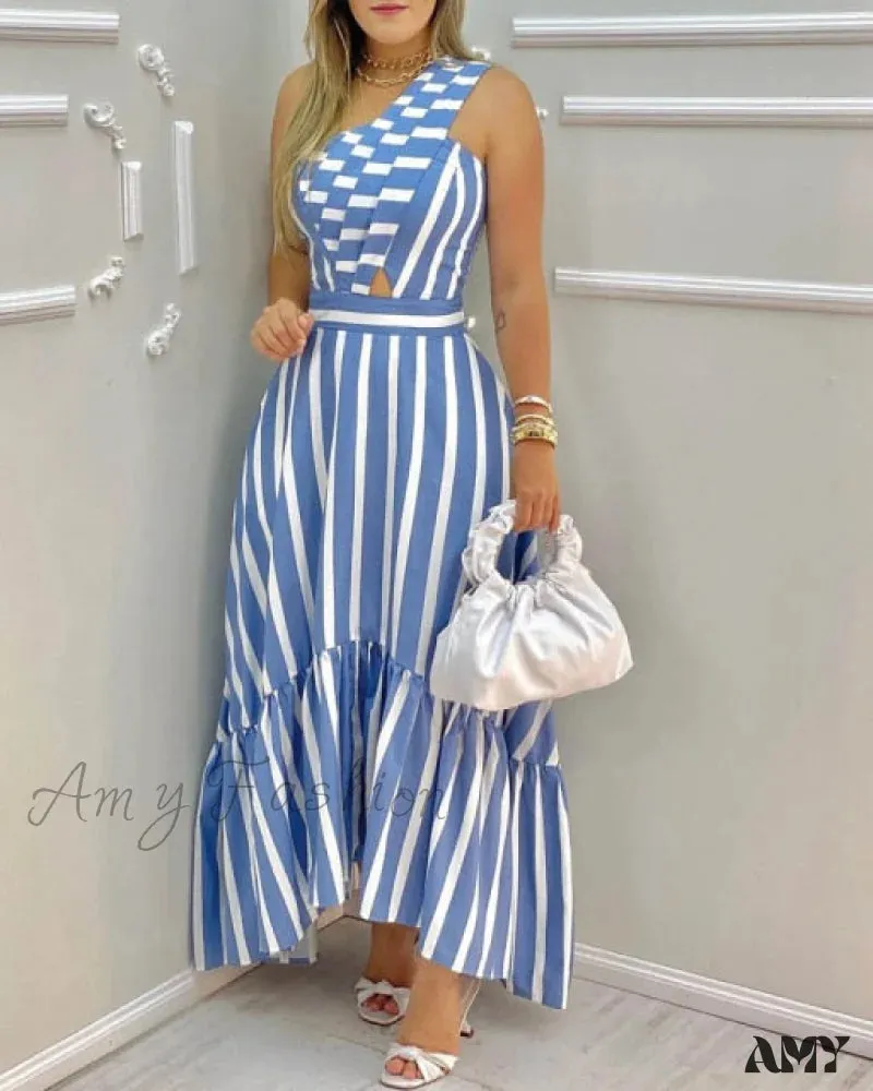 Amy Fashion - Elegant One Shoulder Striped Colorblock Dresses