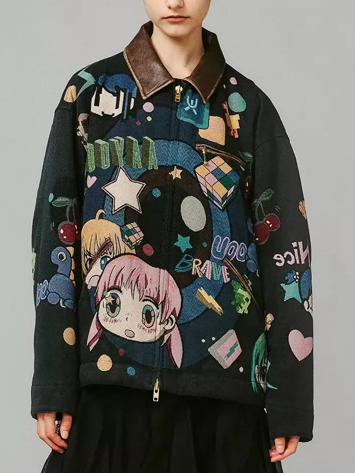 Anime Printed Jacket with Quilted lining and Vegan-Leather Trim