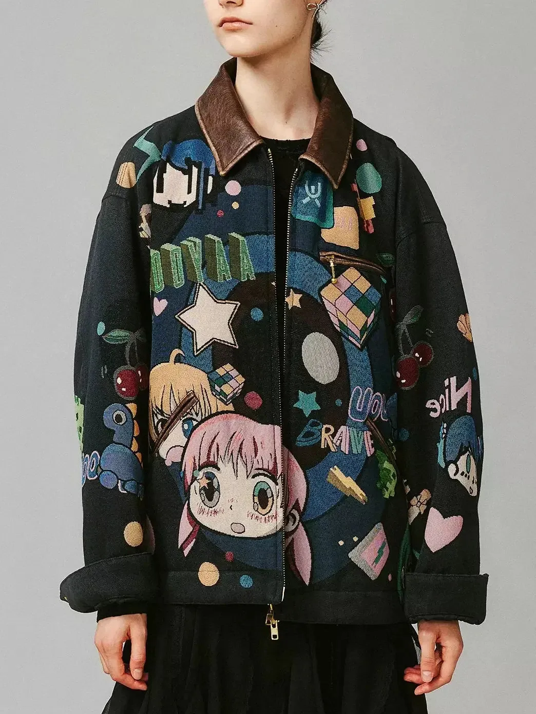 Anime Printed Jacket with Quilted lining and Vegan-Leather Trim