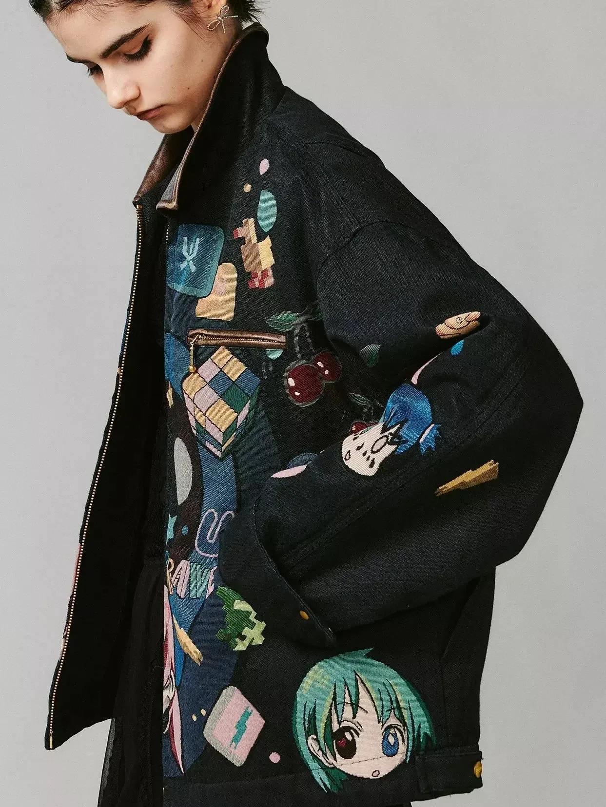 Anime Printed Jacket with Quilted lining and Vegan-Leather Trim