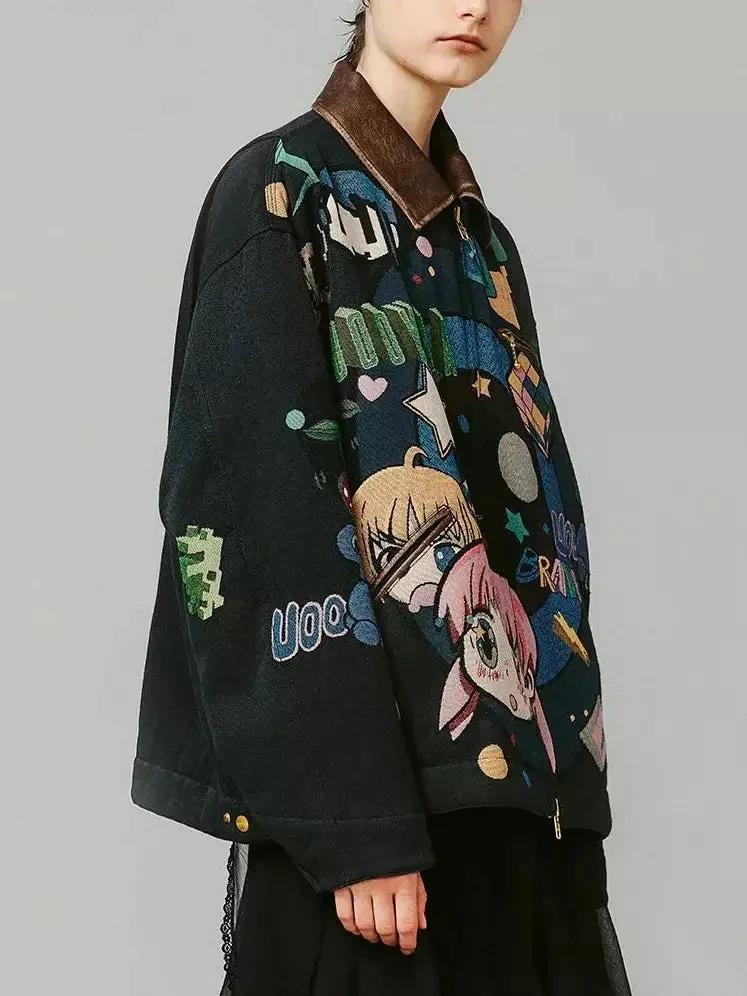 Anime Printed Jacket with Quilted lining and Vegan-Leather Trim