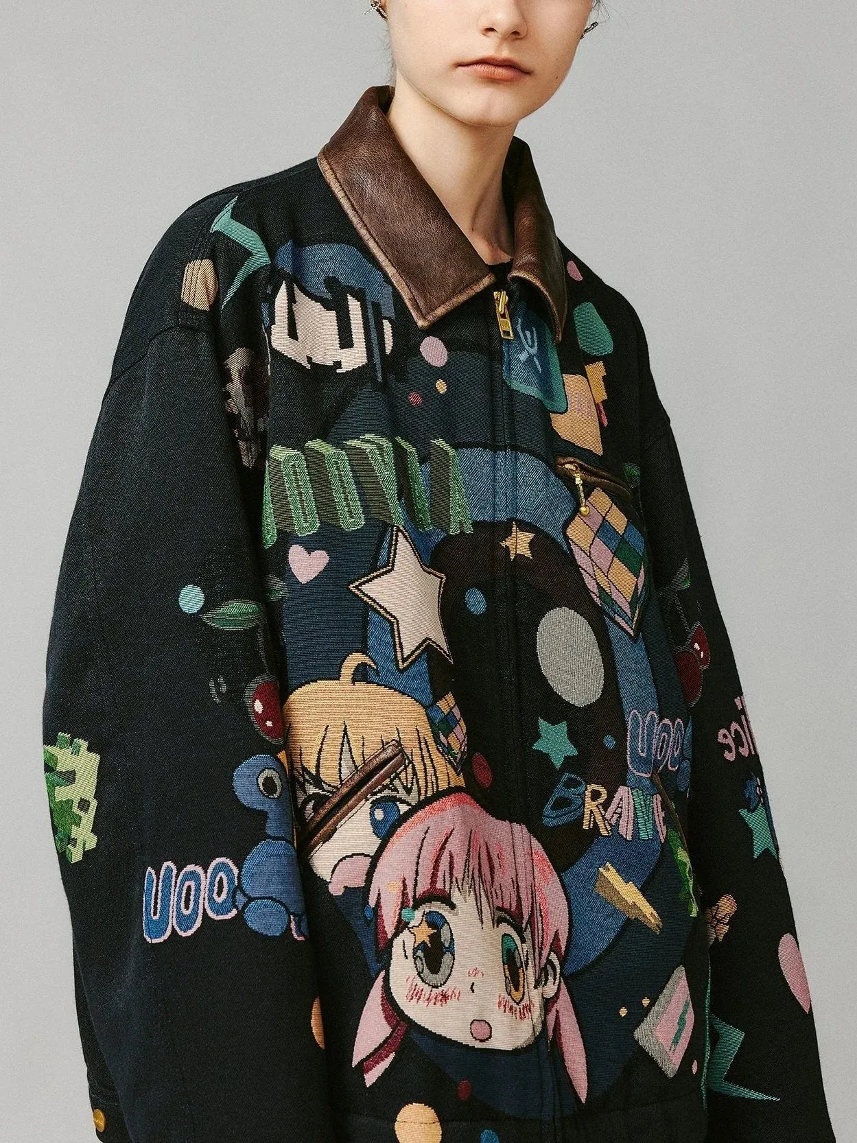 Anime Printed Jacket with Quilted lining and Vegan-Leather Trim