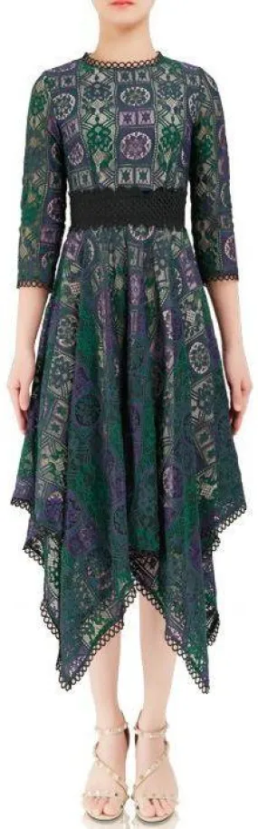 Asymmetrical Lace and Macrame Dress, Green