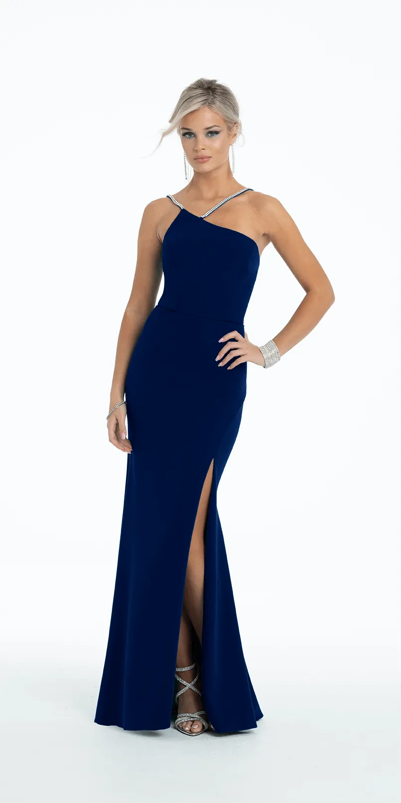 Asymmetrical One Shoulder Rhinestone Scuba Dress with Side Slit