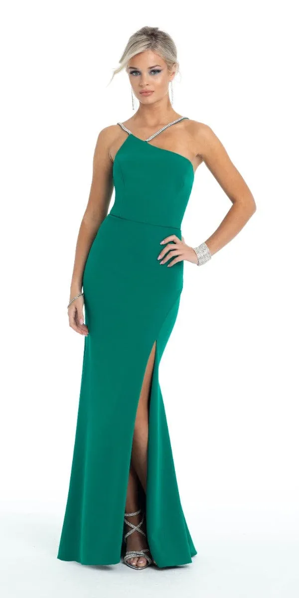 Asymmetrical One Shoulder Rhinestone Scuba Dress with Side Slit