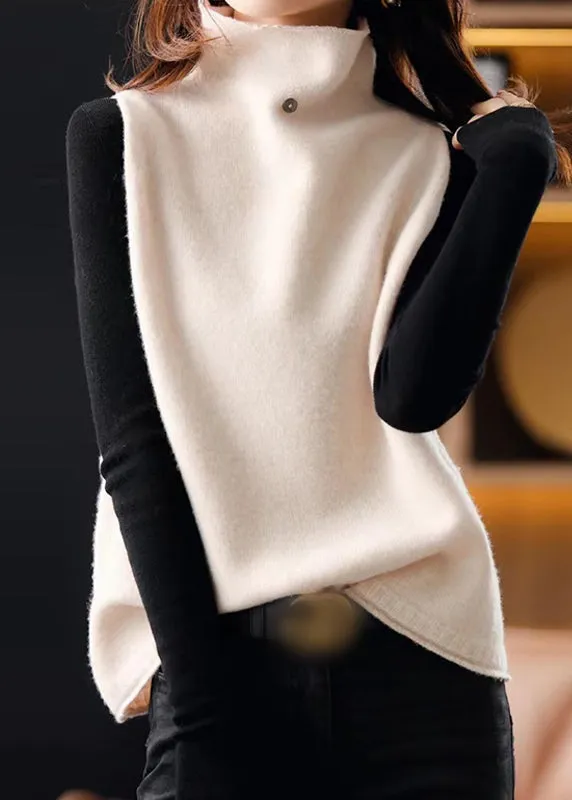 Beige Hign Neck Patchwork Woolen Knit Vest Sleeveless AH156