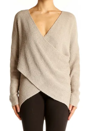 Beige Wrap-Style Oversized Knit Sweater