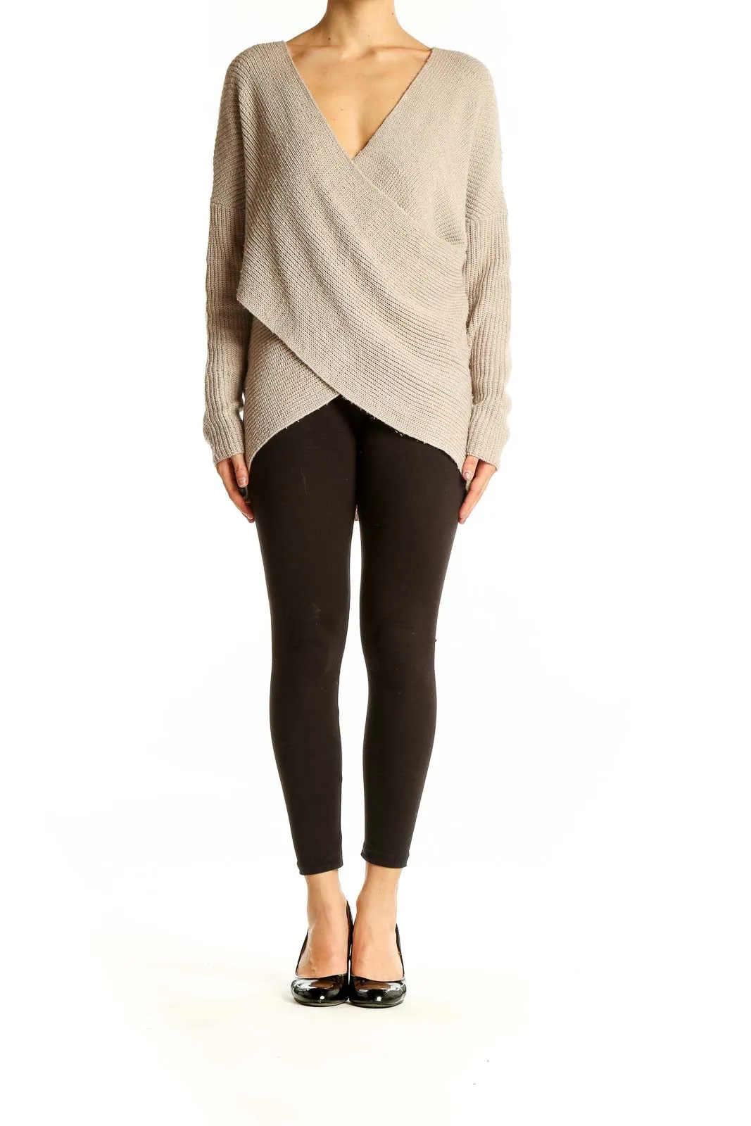 Beige Wrap-Style Oversized Knit Sweater