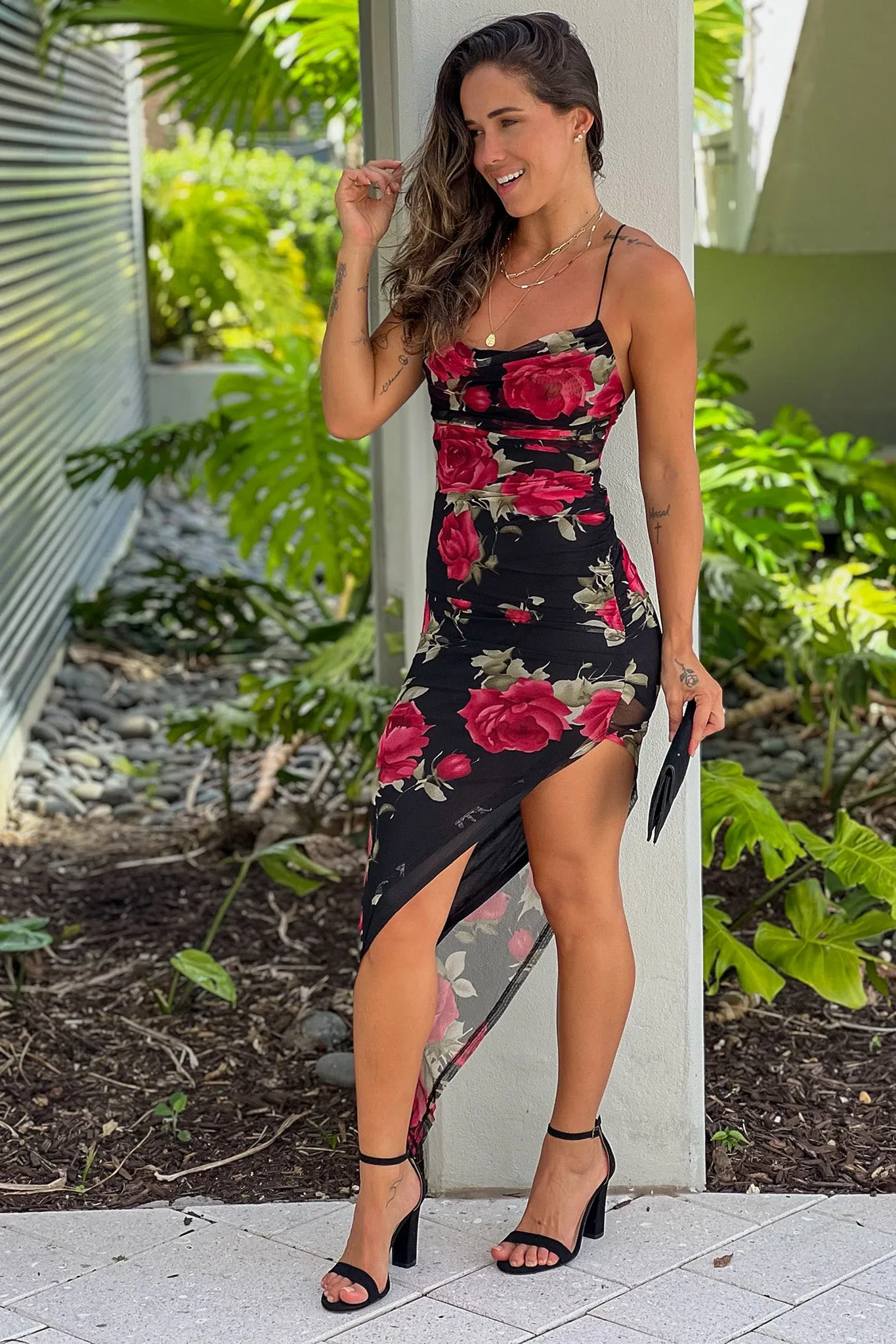 Black And Red Floral Asymmetrical Dress