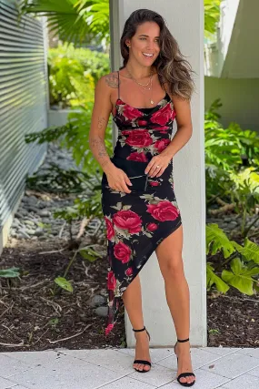 Black And Red Floral Asymmetrical Dress