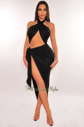 Black Halter Crisscross Cut Out Tie Up Asymmetrical Dress