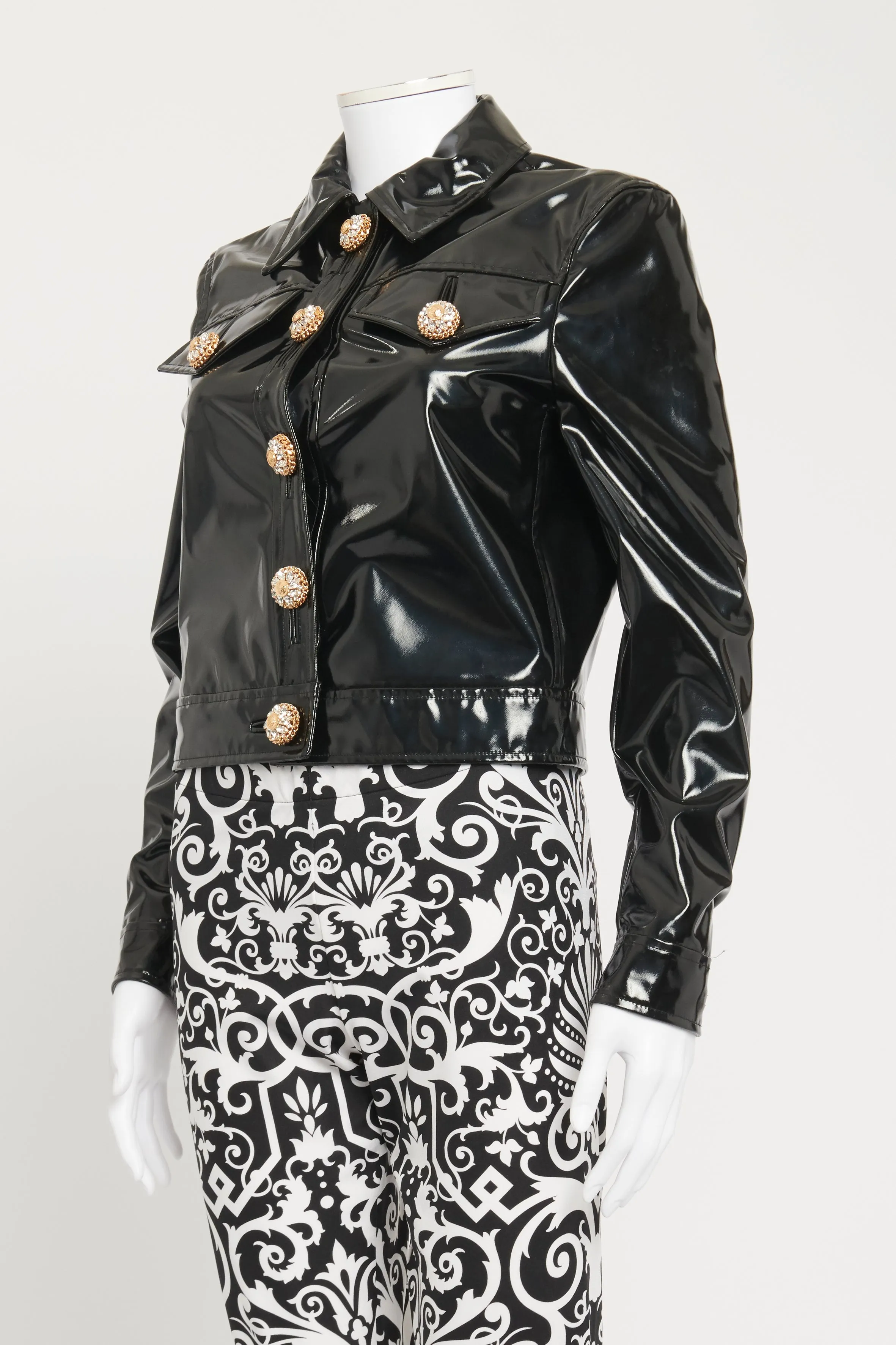 Black Shiny Preowned Jacket With Jewel Buttons