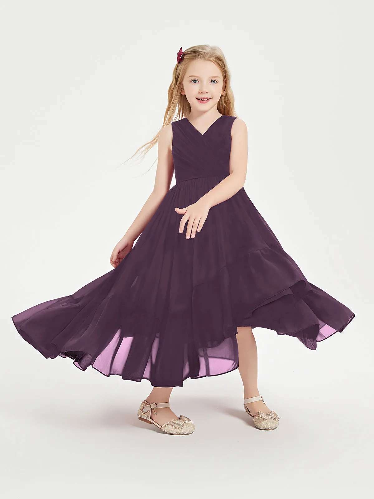 Boho Junior Bridesmaid Dresses Cascading Skirt Plum