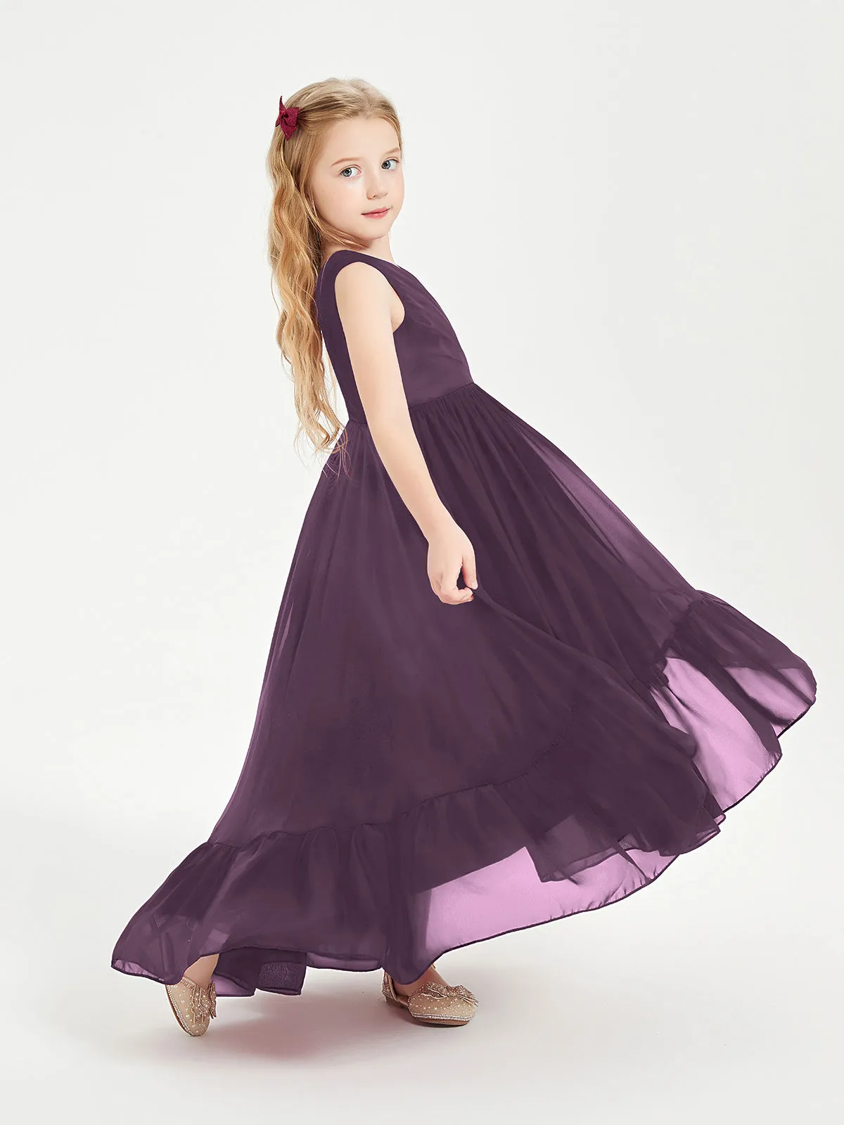 Boho Junior Bridesmaid Dresses Cascading Skirt Plum