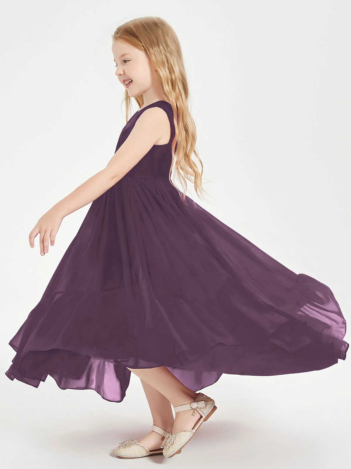 Boho Junior Bridesmaid Dresses Cascading Skirt Plum