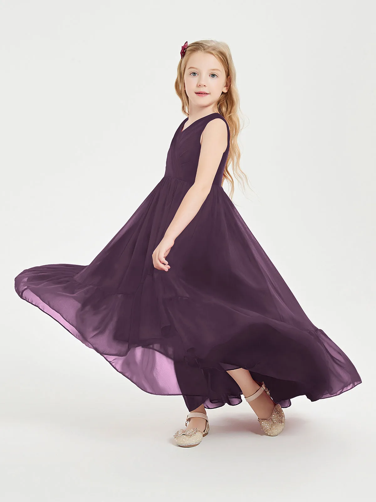 Boho Junior Bridesmaid Dresses Cascading Skirt Plum