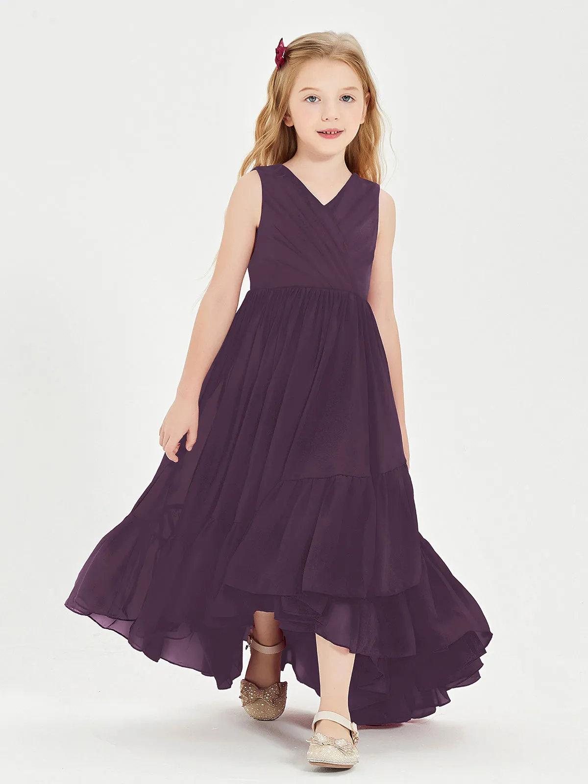 Boho Junior Bridesmaid Dresses Cascading Skirt Plum