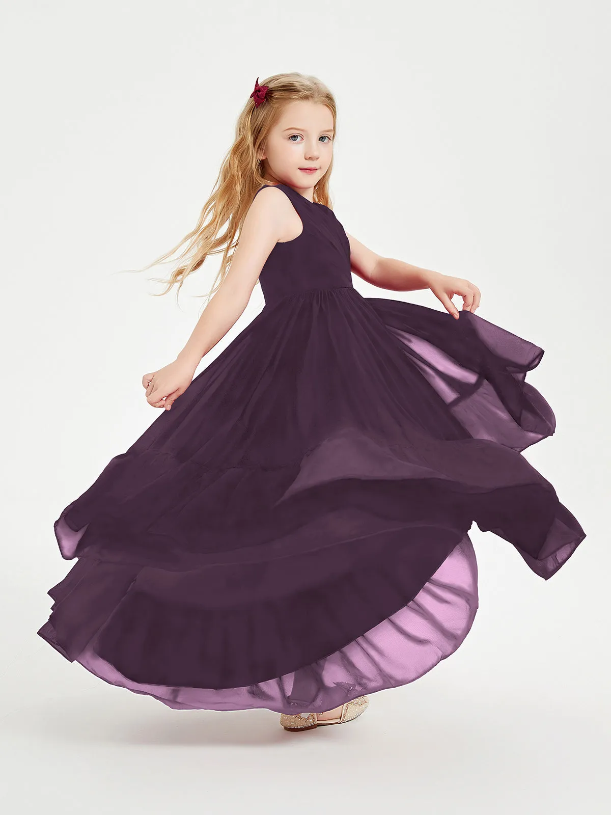 Boho Junior Bridesmaid Dresses Cascading Skirt Plum