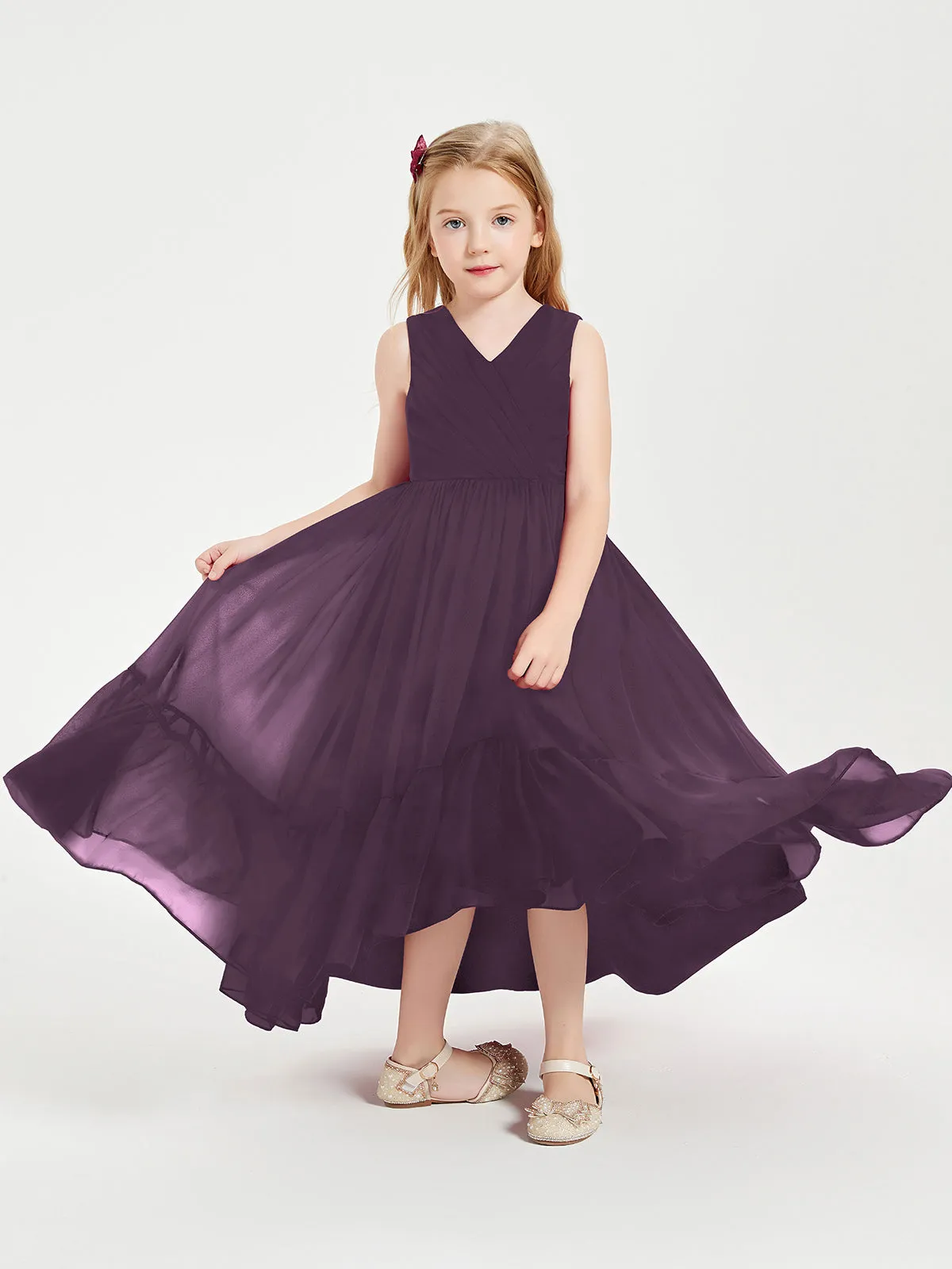 Boho Junior Bridesmaid Dresses Cascading Skirt Plum