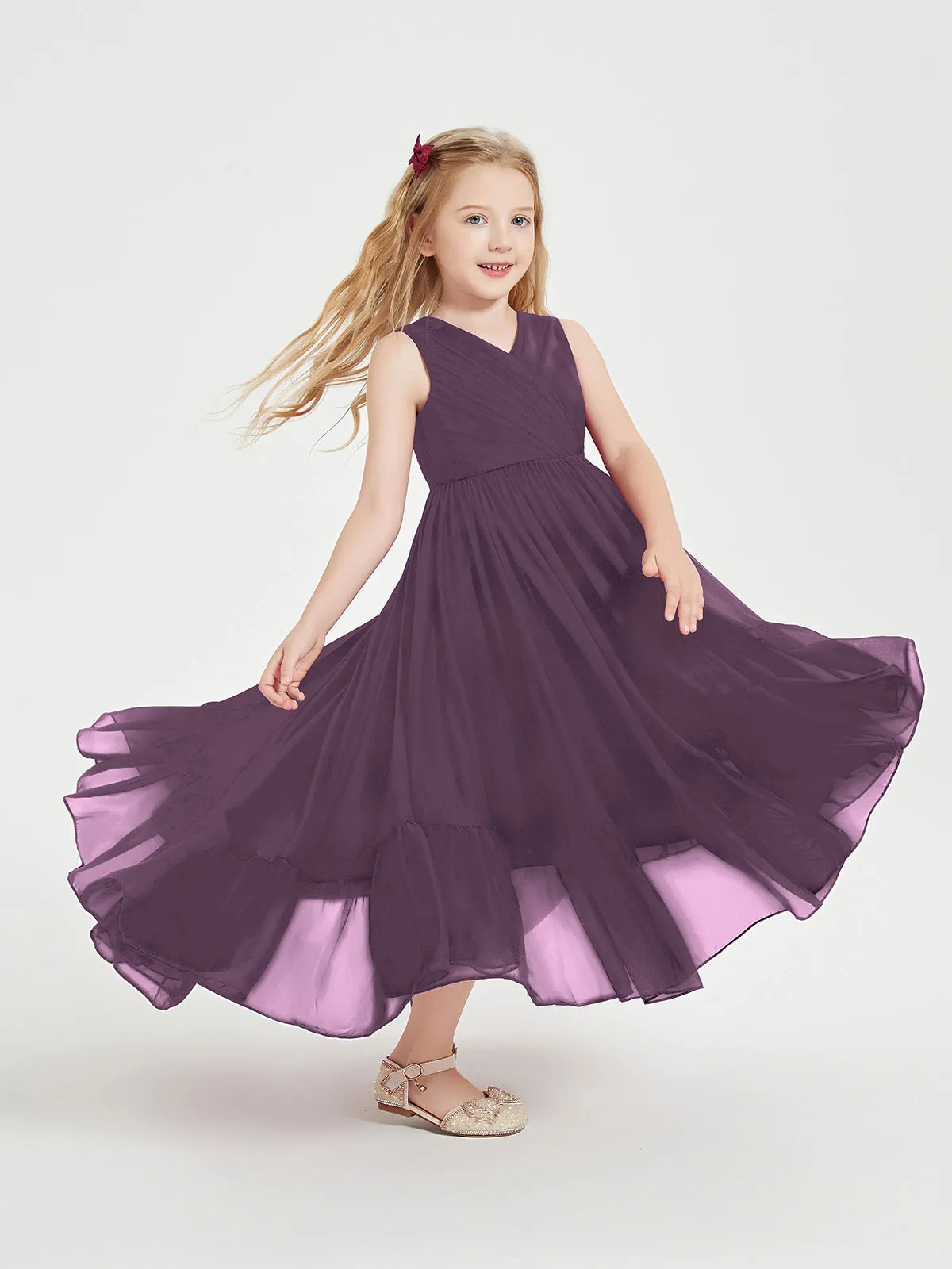 Boho Junior Bridesmaid Dresses Cascading Skirt Plum