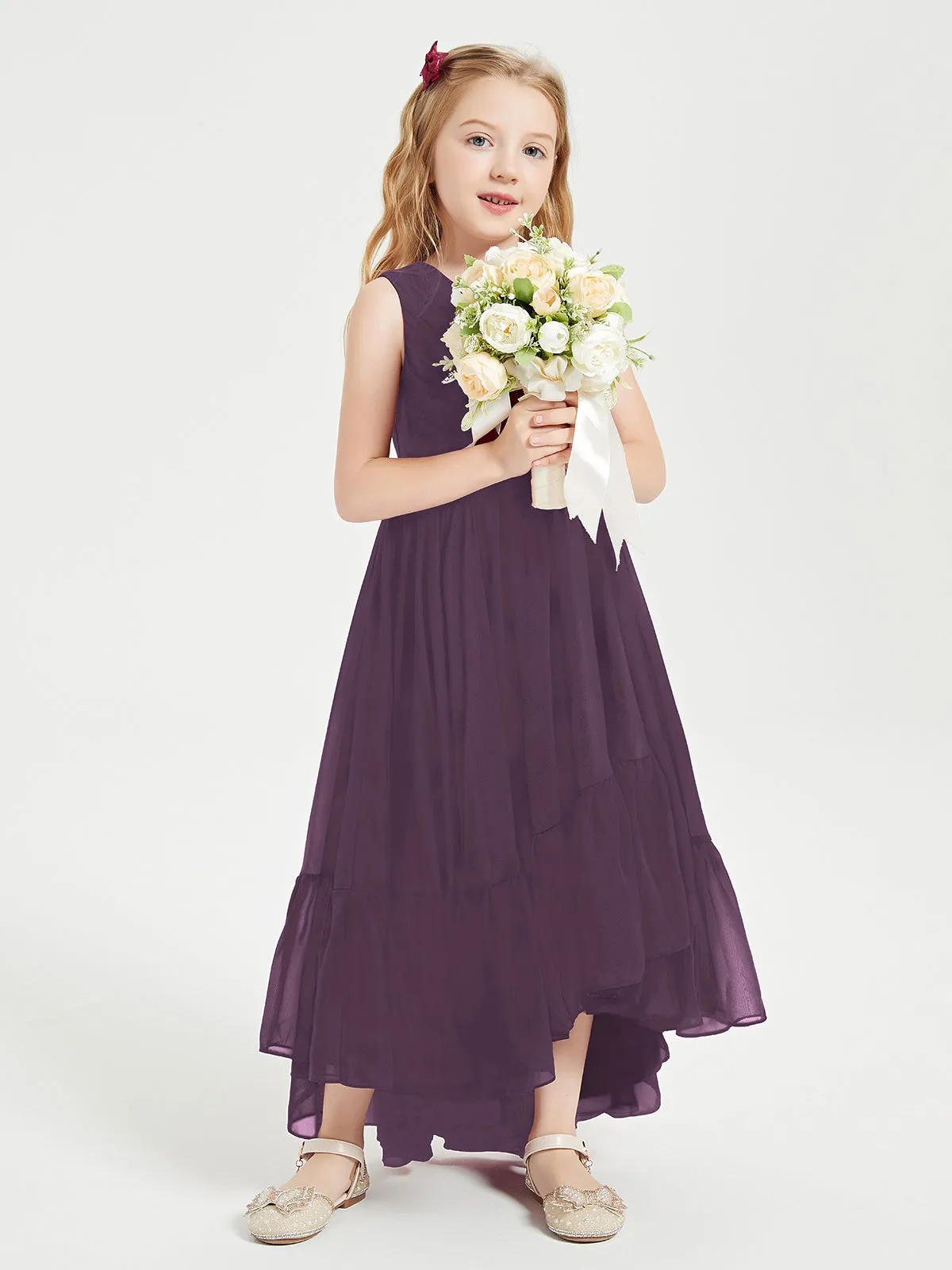 Boho Junior Bridesmaid Dresses Cascading Skirt Plum