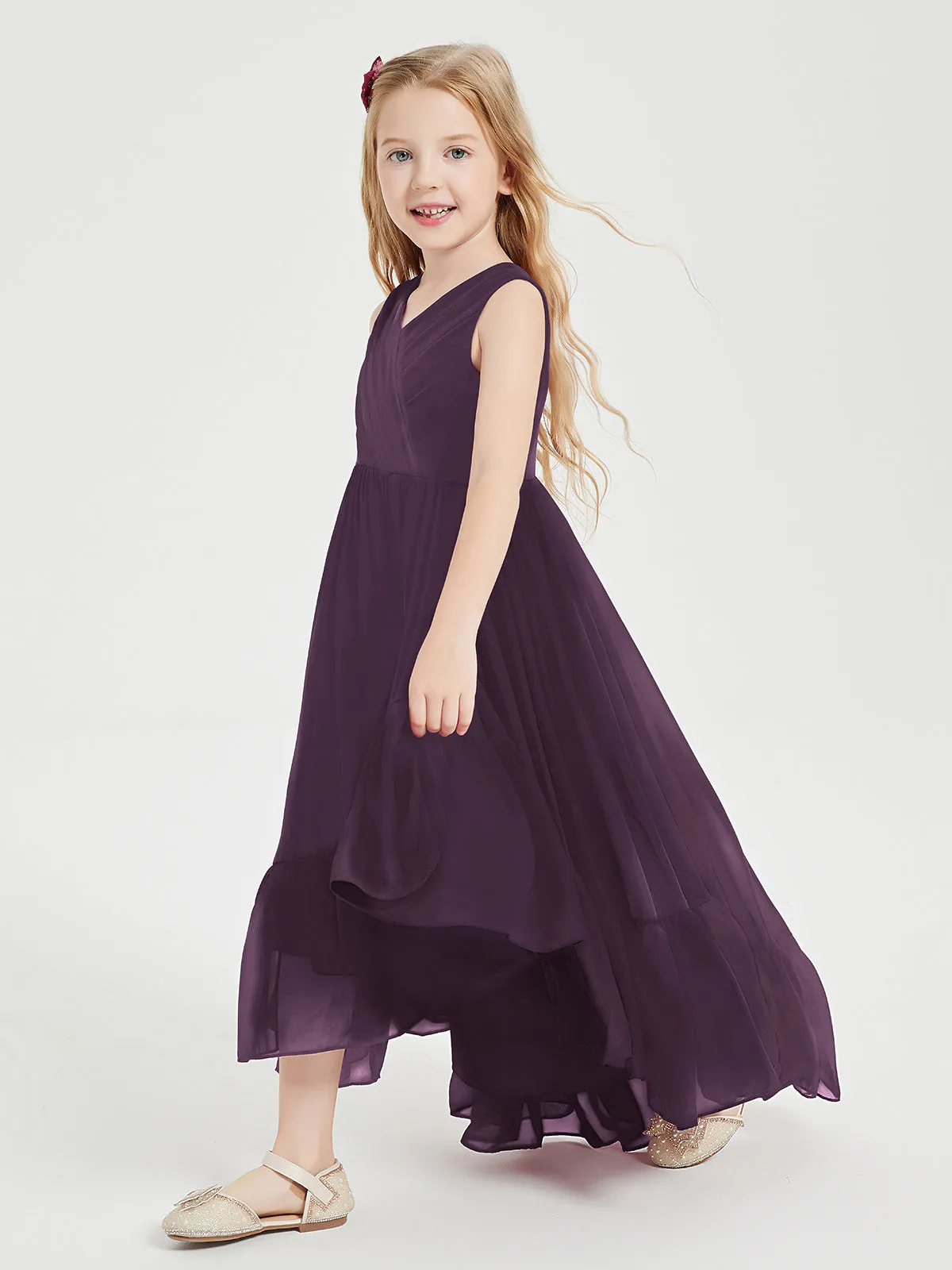 Boho Junior Bridesmaid Dresses Cascading Skirt Plum