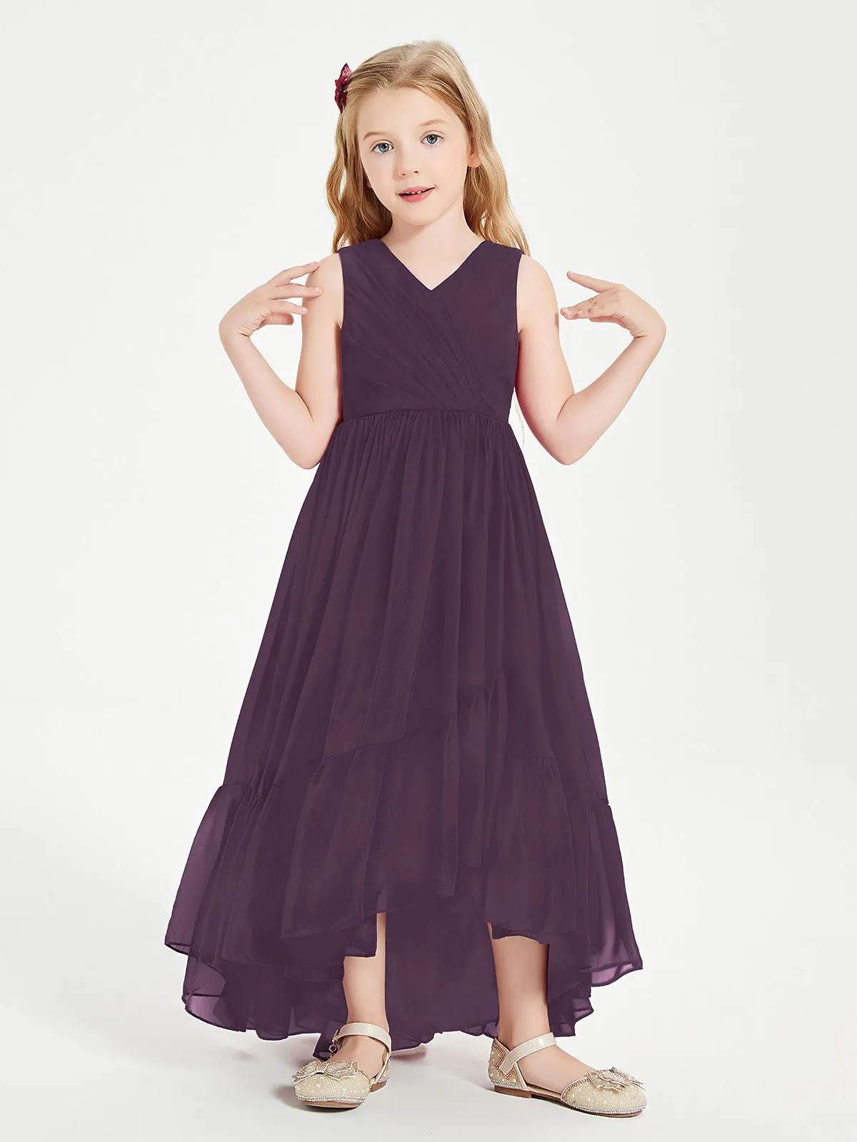 Boho Junior Bridesmaid Dresses Cascading Skirt Plum