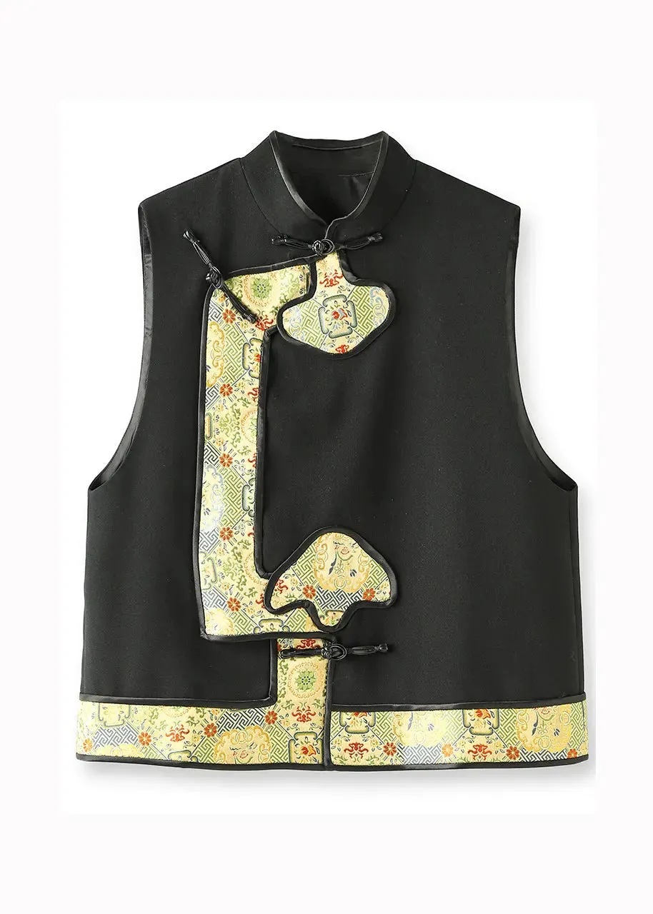 Boutique Black Stand Collar Jacquard Patchwork Woolen Vest Sleeveless ML1395