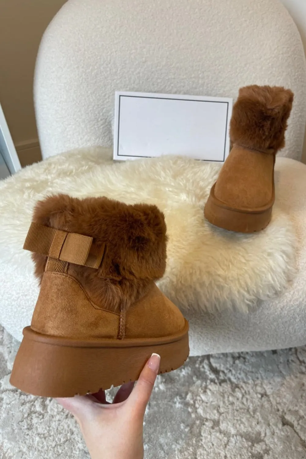 CAMEL FAUX FUR LINED CHUNKY PLATFORM BOW DETAIL FUR COLLAR ANKLE BOOTS