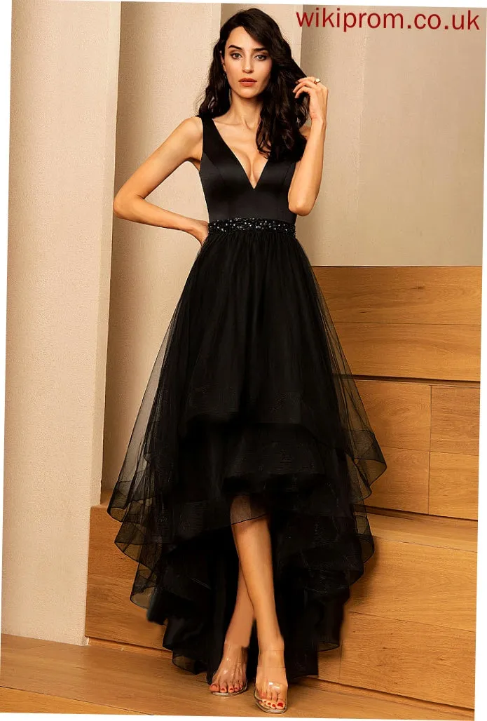 Cecilia V-neck With Beading Prom Dresses Tulle Asymmetrical A-Line