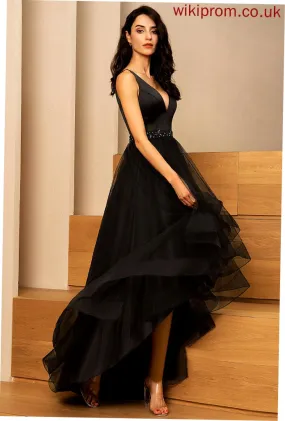 Cecilia V-neck With Beading Prom Dresses Tulle Asymmetrical A-Line