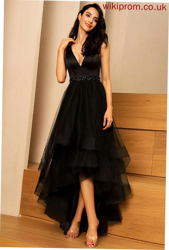 Cecilia V-neck With Beading Prom Dresses Tulle Asymmetrical A-Line