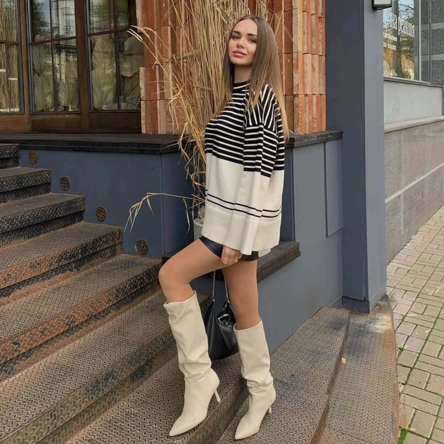 Chic High Neck Drop Shoulder Black And Apricot Striped Sweater