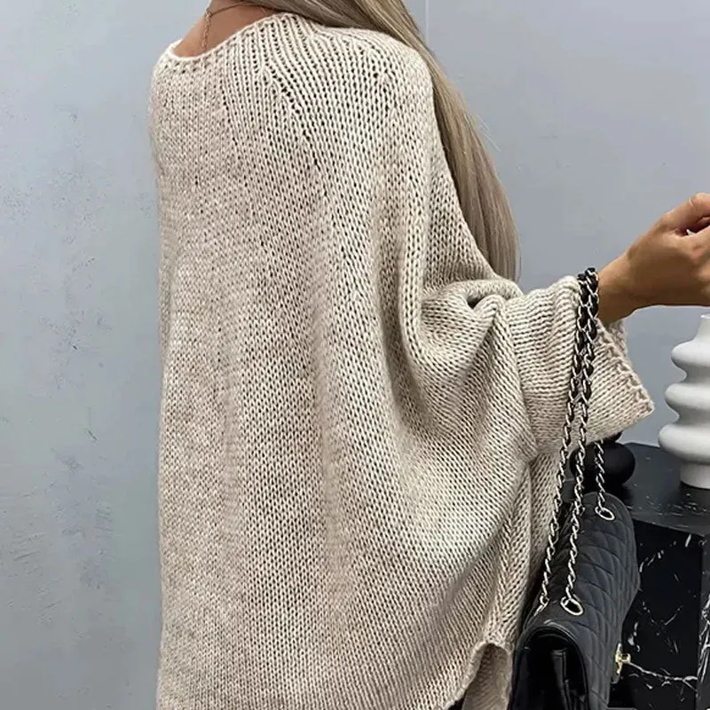 Chic Solid Round Neck Batwing Sleeve Oversized Knit Cocoon Poncho Sweater