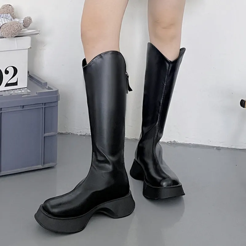 Chunky Platform Knee High Boots with Back Zipper