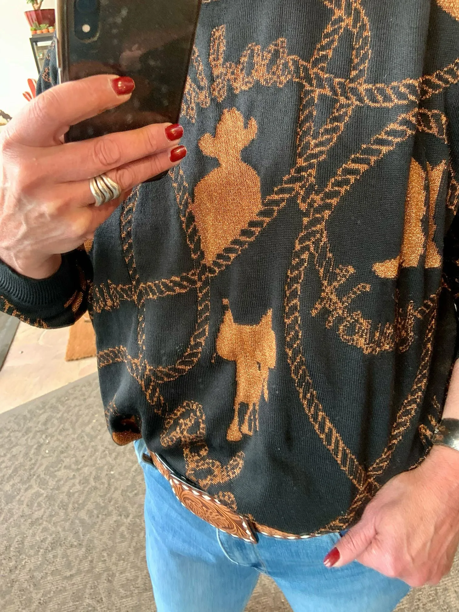 Copper Metallic Cowboy Reversible Sweater - S/M to 2X/3X