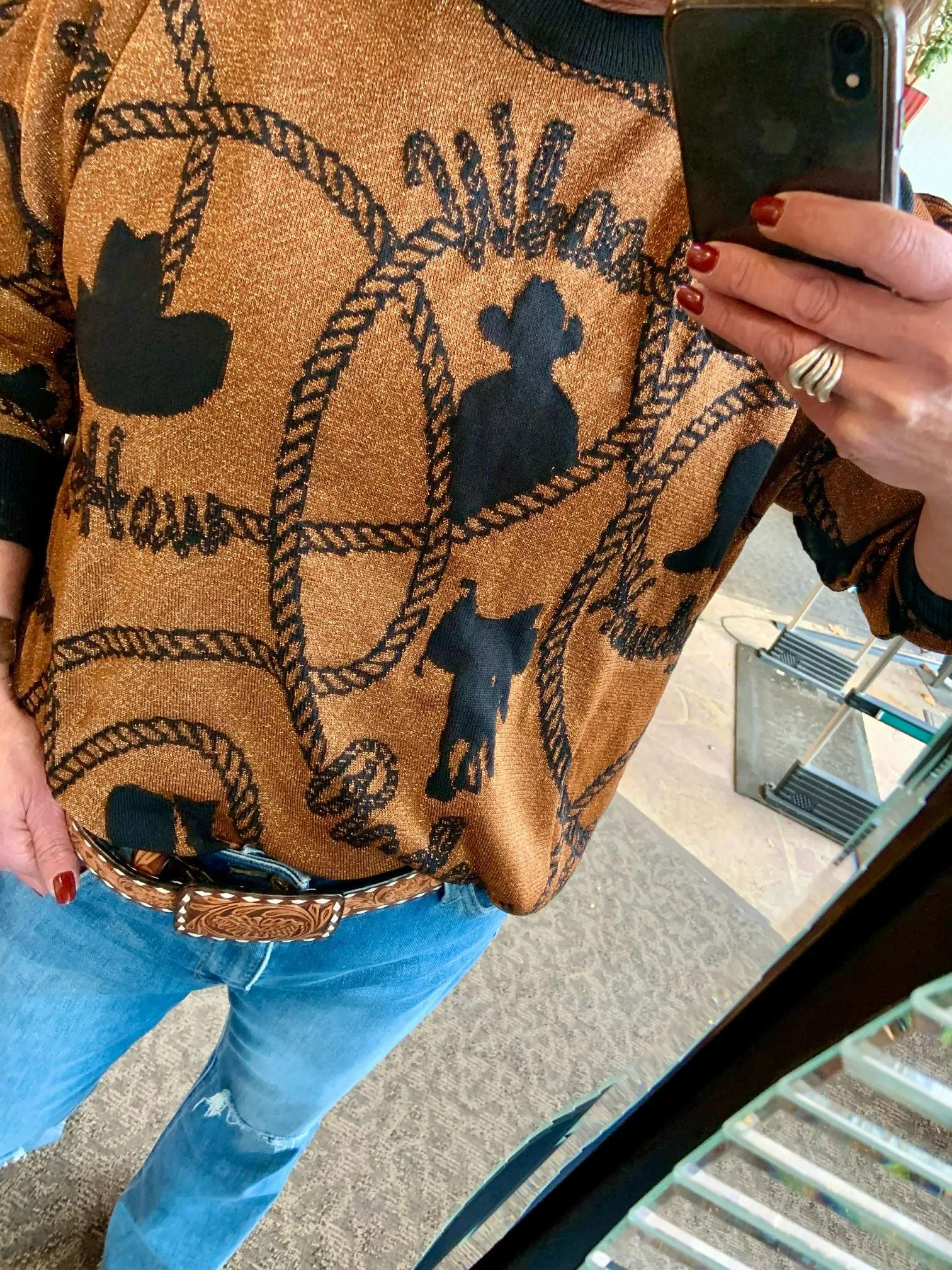 Copper Metallic Cowboy Reversible Sweater - S/M to 2X/3X