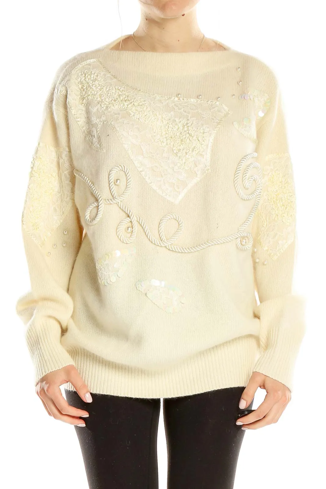 Cream Embellished Oversized Knit Sweater