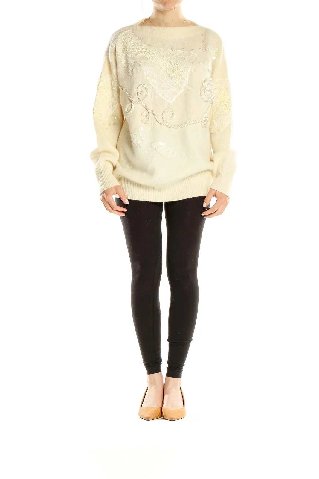 Cream Embellished Oversized Knit Sweater