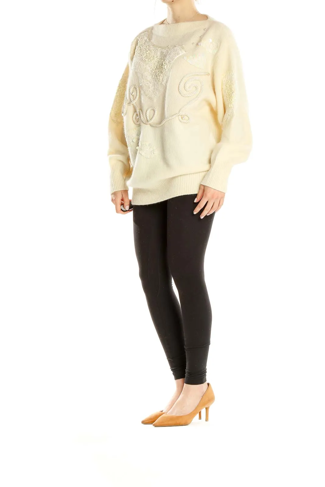 Cream Embellished Oversized Knit Sweater