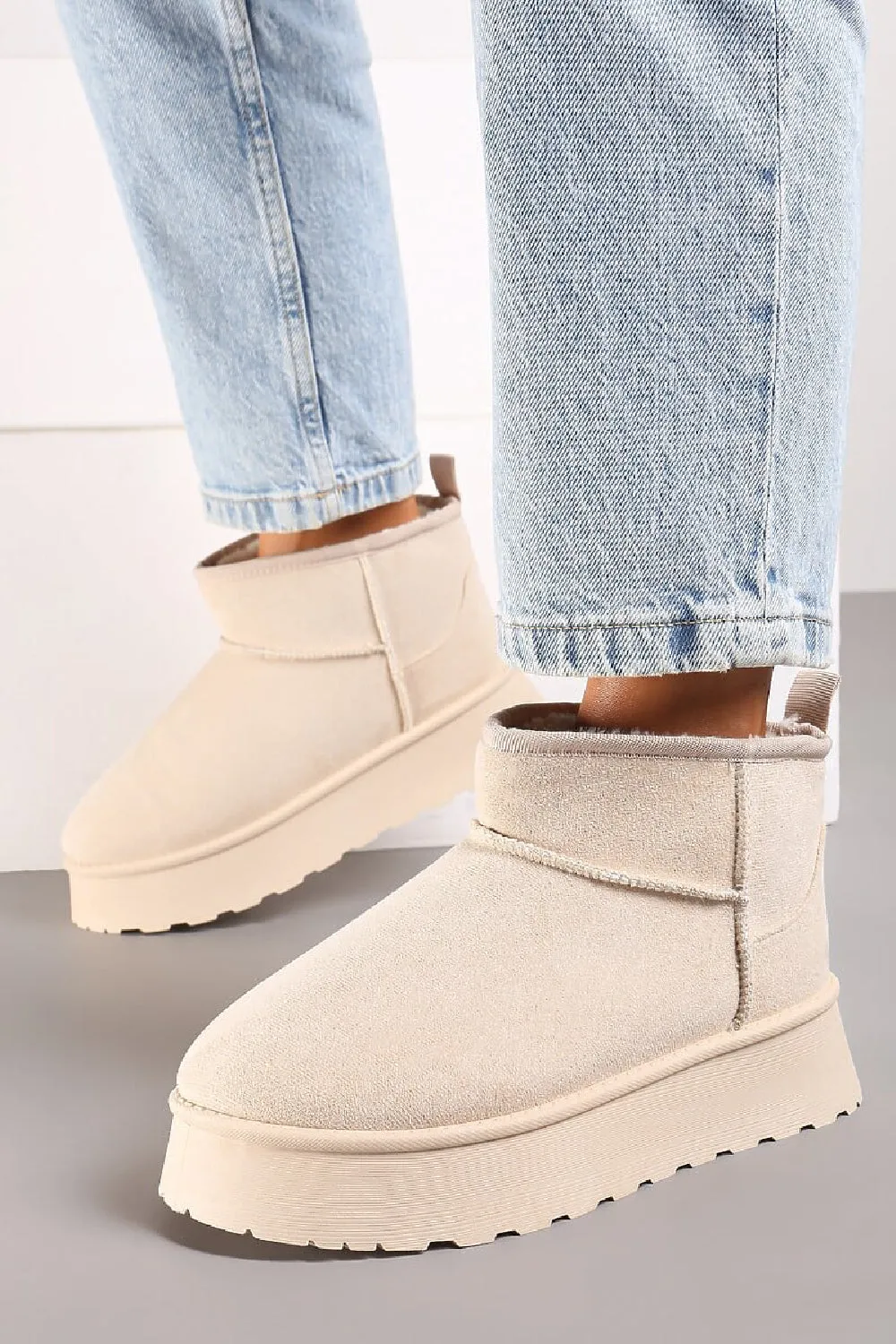 CREAM ULTRA MINI PLATFORM FAUX FUR LINED ANKLE BOOTS