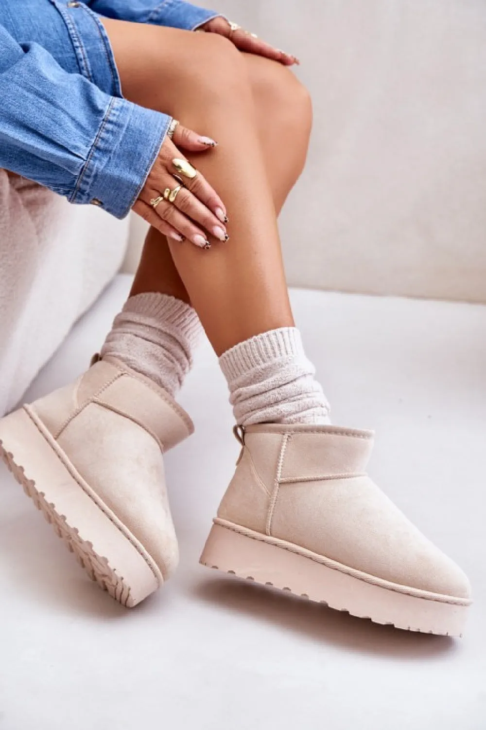 CREAM ULTRA MINI PLATFORM FAUX FUR LINED ANKLE BOOTS