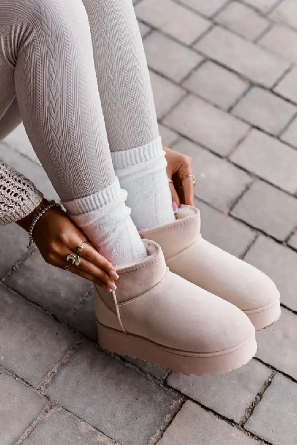 CREAM ULTRA MINI PLATFORM FAUX FUR LINED ANKLE BOOTS