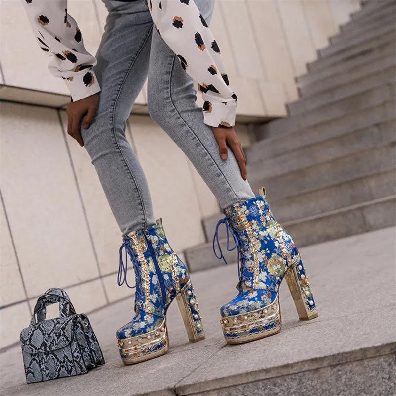 Crystal Silk Embroidery Platform Ankle Boots