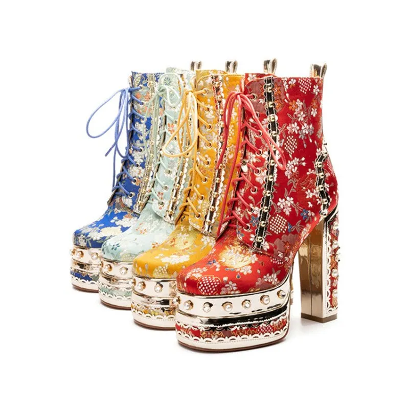 Crystal Silk Embroidery Platform Ankle Boots