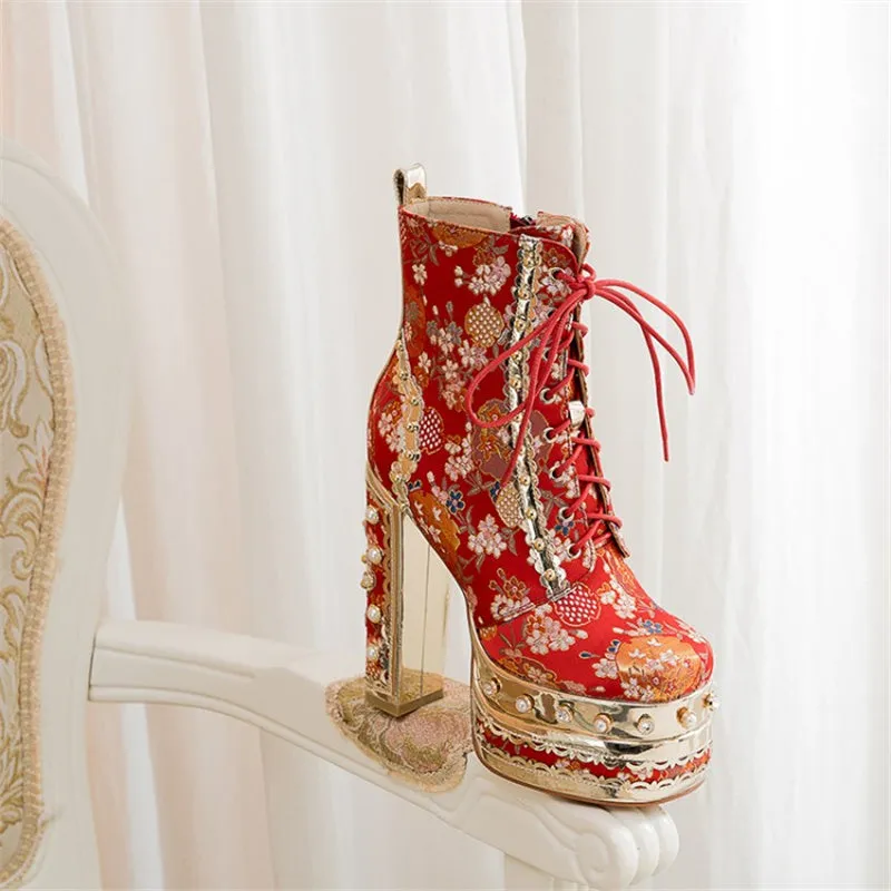 Crystal Silk Embroidery Platform Ankle Boots